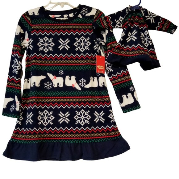 GIRL & DOLL Matching pajamas  SMALL (5-6)  Polar Bear Fleece  Navy Blue NWT  2pc - Picture 1 of 10